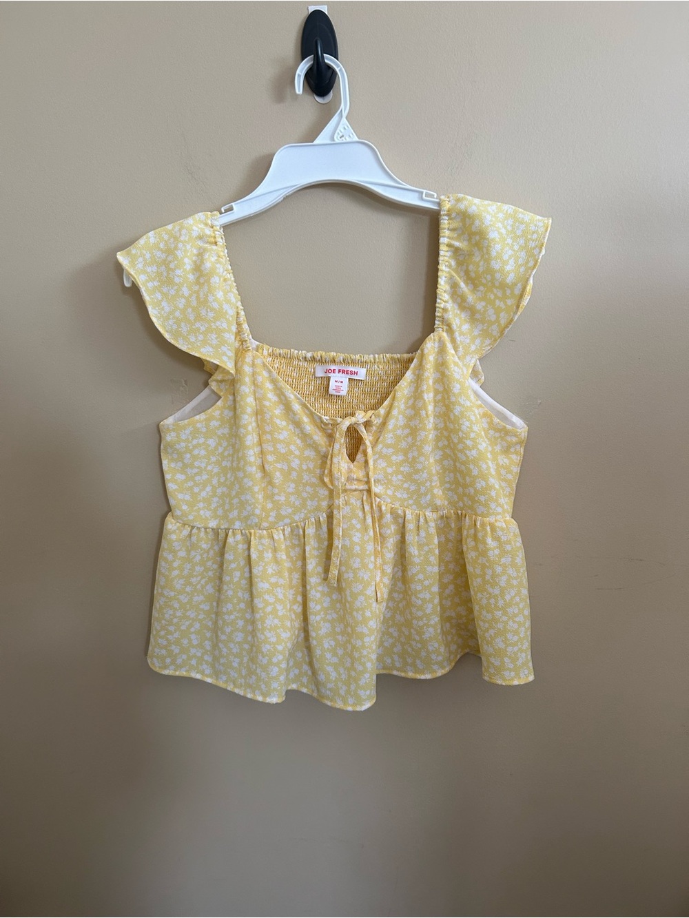 Joe Fresh Yellow Floral Tie-Front Peplum/Cropped/ Ruffle Sleeve blouse